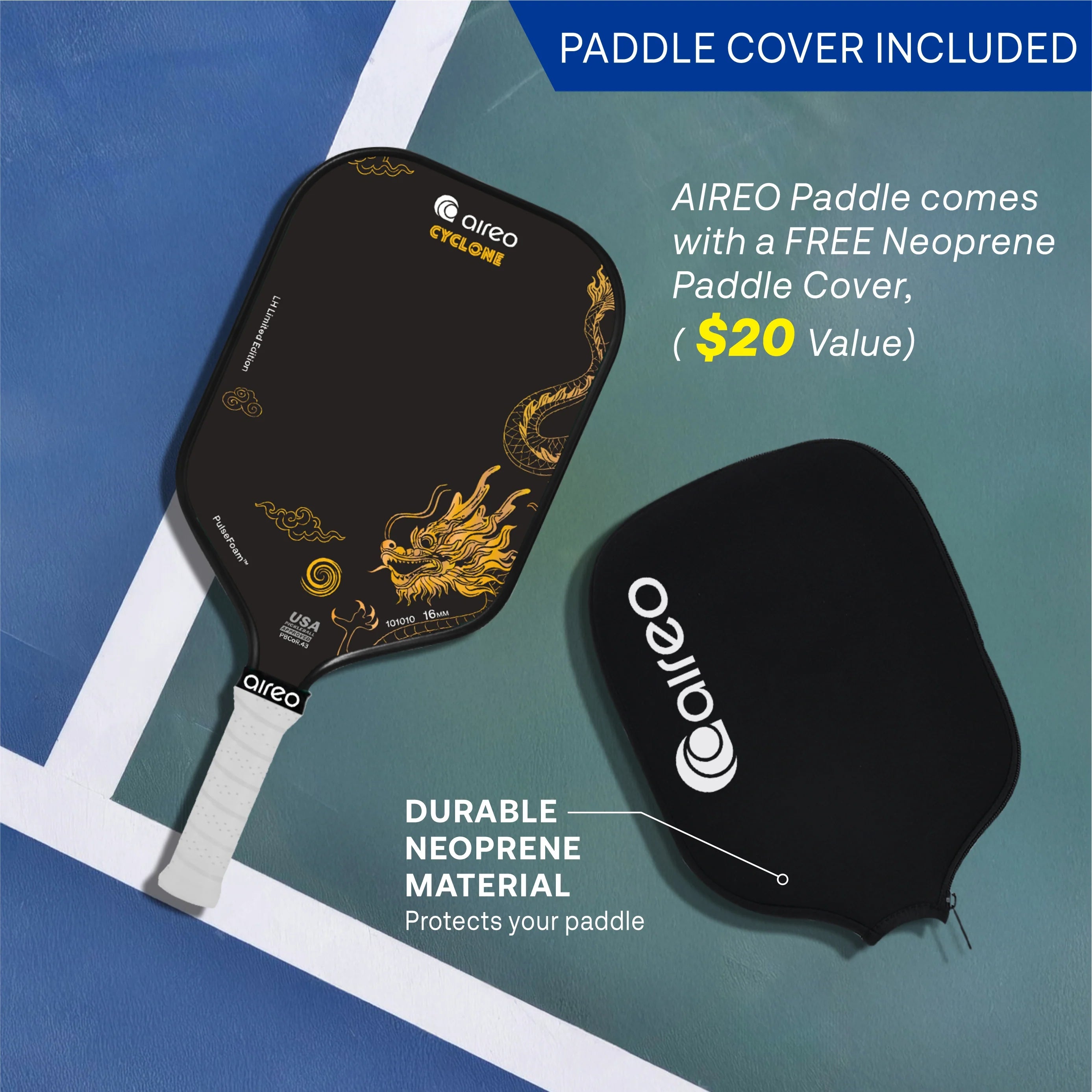 Aireo Cyclone Pickleball Paddle with NanoGraph Grit Surface Dragon Limited Edition Dink Dynasty